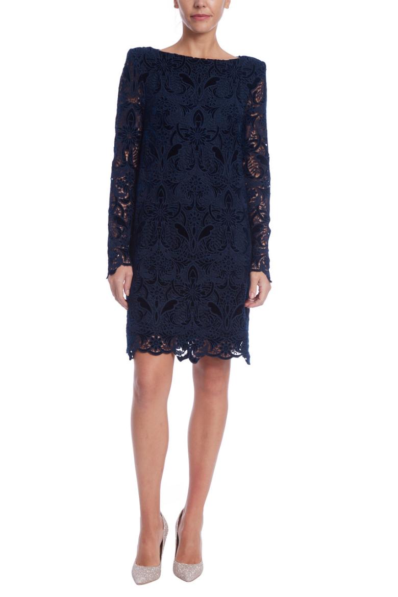 Badgley Mischka Mixed Media Boatneck Chemise Dress Navy | Women Cocktail