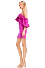 Badgley Mischka Pleated Mikado Off-Shoulder Mini Dress With Satin Crepe Bodice Fuchsia | Women Cocktail