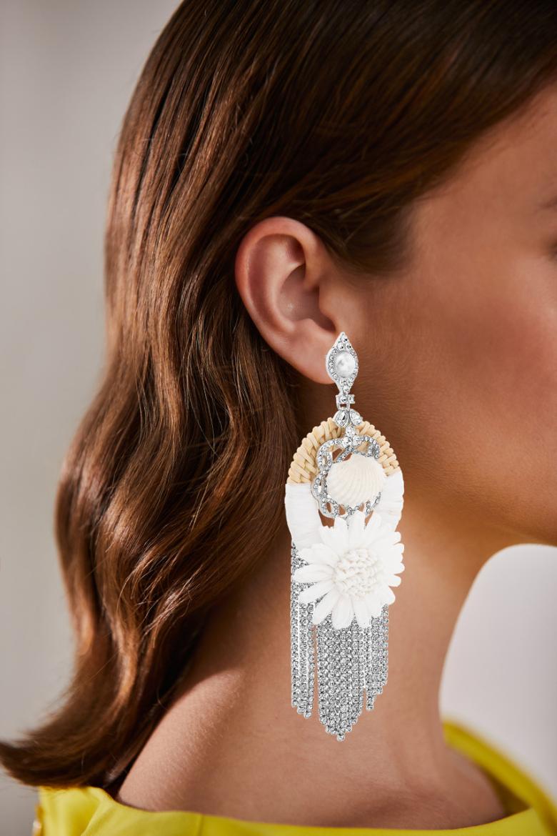 Badgley Mischka Raffia And Shell Statement Earrings With Crystal Fringe | Women Fashion Jewelry