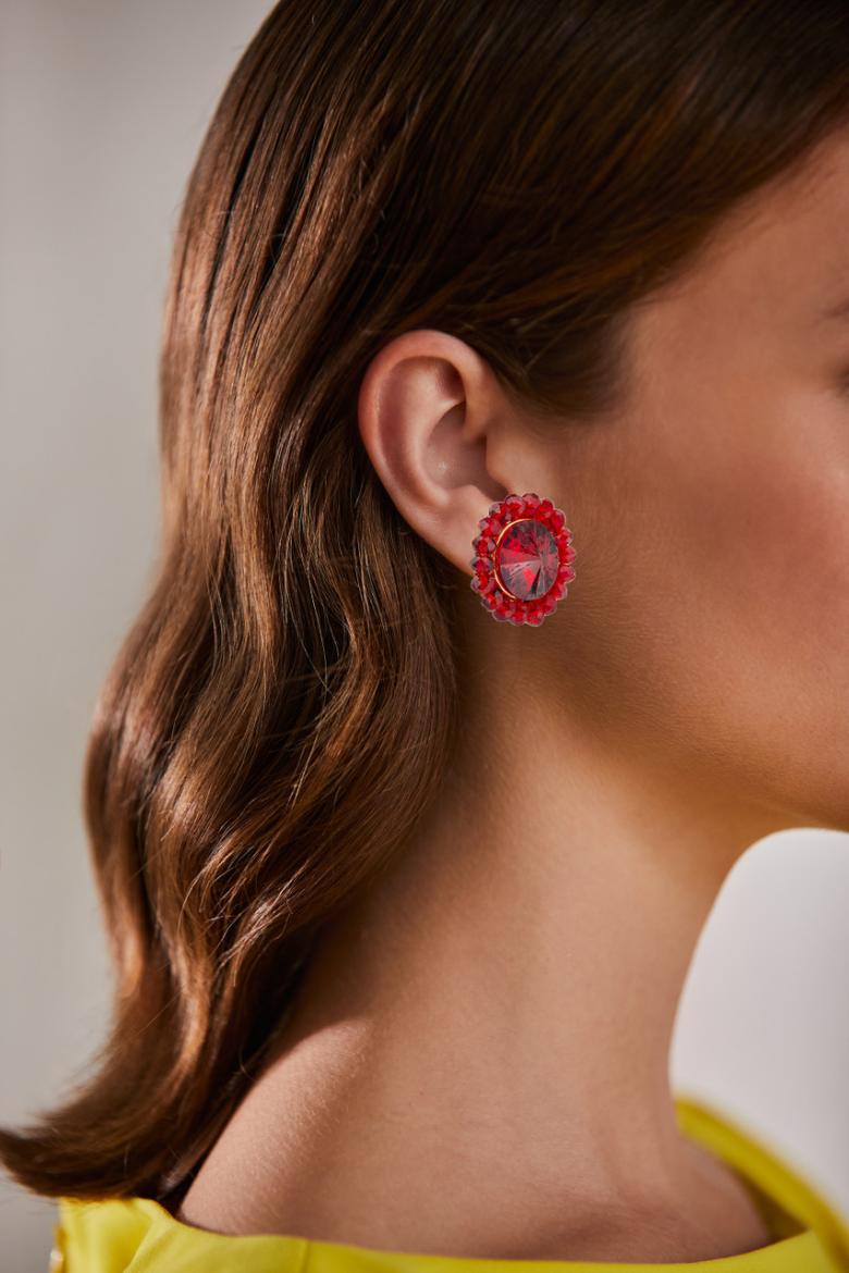 Badgley Mischka Red Stone Stud Earrings With Beaded Trim | Women Fashion Jewelry