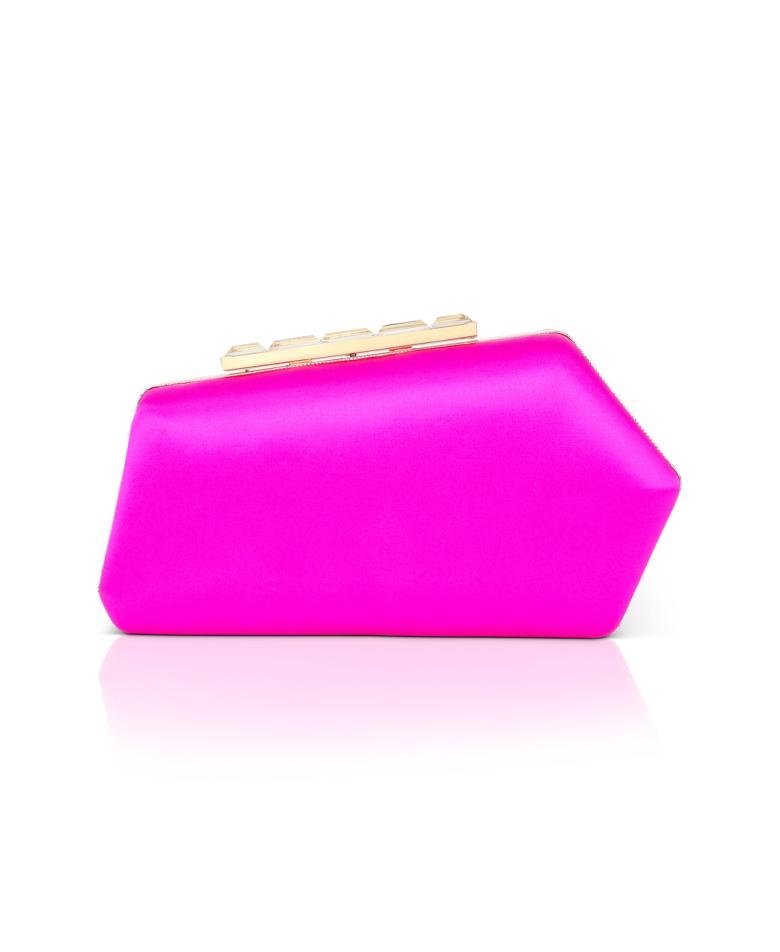 Badgley Mischka Riley Satin Minaudiere With Crystal Bar Clasp Neon Pink | Women Evening Bags