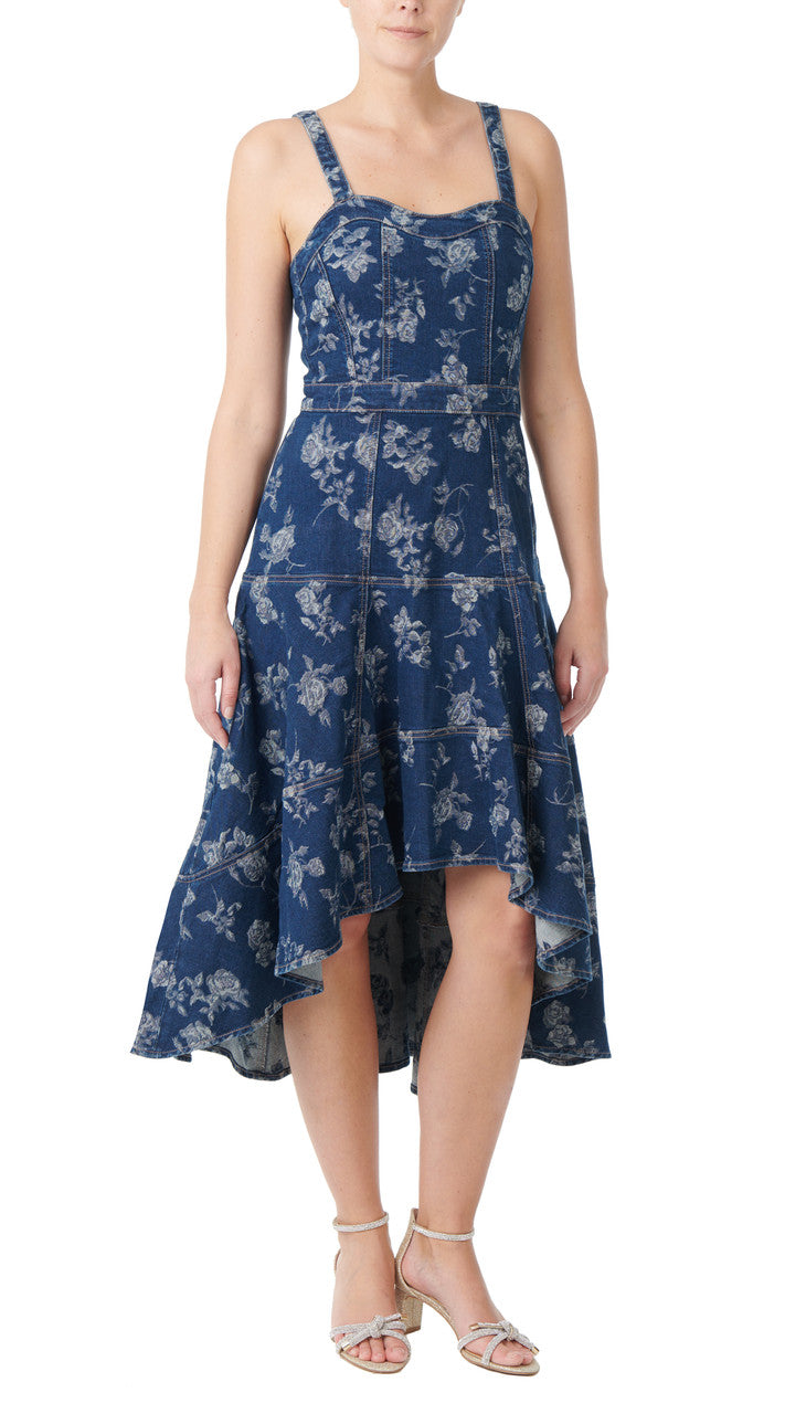 Badgley Mischka Rose Print High Low Denim Dress Rose Print | Women Day