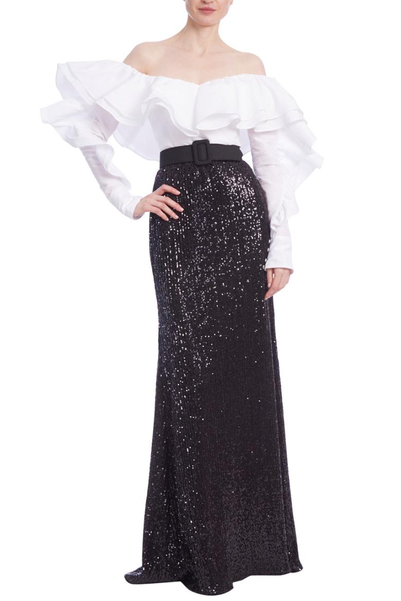 Badgley Mischka Ruffled Off The Shoulders Sequin Combo Gown Black White | Women Gowns
