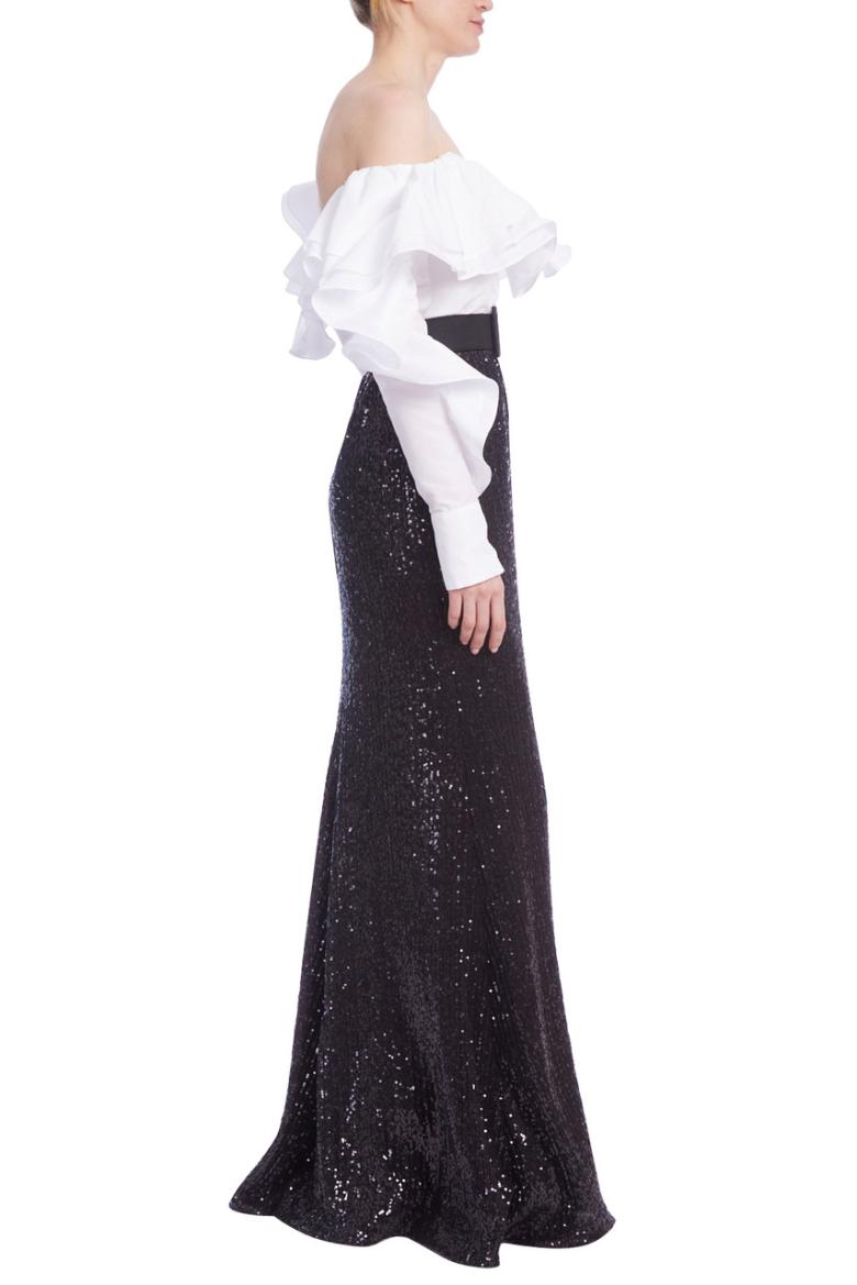Badgley Mischka Ruffled Off The Shoulders Sequin Combo Gown Black White | Women Gowns
