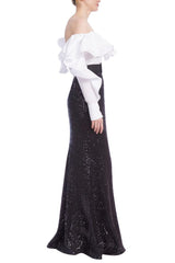 Badgley Mischka Ruffled Off The Shoulders Sequin Combo Gown Black White | Women Gowns