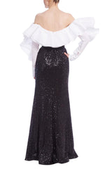 Badgley Mischka Ruffled Off The Shoulders Sequin Combo Gown Black White | Women Gowns