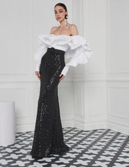 Badgley Mischka Ruffled Off The Shoulders Sequin Combo Gown Black White | Women Gowns