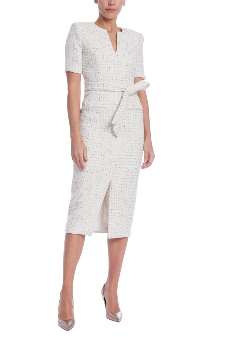 Badgley Mischka Short Sleeve Tweed Midi Dress White | Women Cocktail