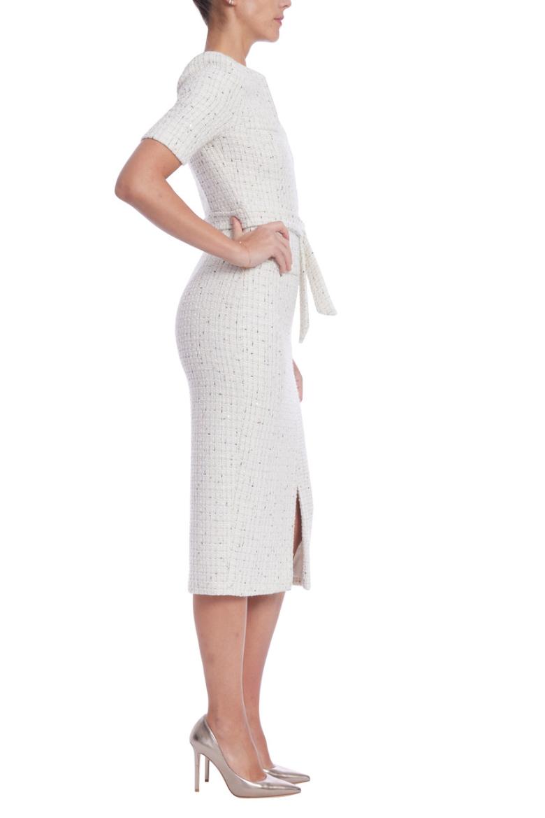 Badgley Mischka Short Sleeve Tweed Midi Dress White | Women Cocktail