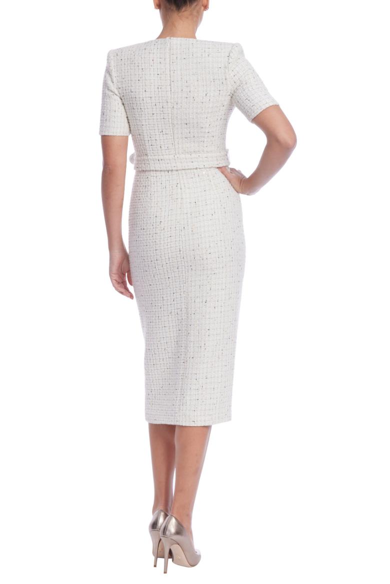 Badgley Mischka Short Sleeve Tweed Midi Dress White | Women Cocktail