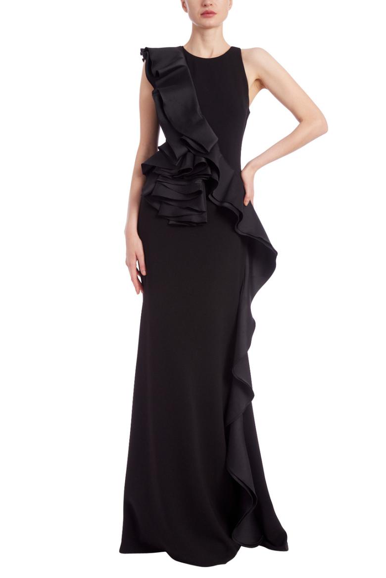 Badgley Mischka Sleeveless Column Gown With Mikado Ruffle Wrap-Around Black | Women Gowns