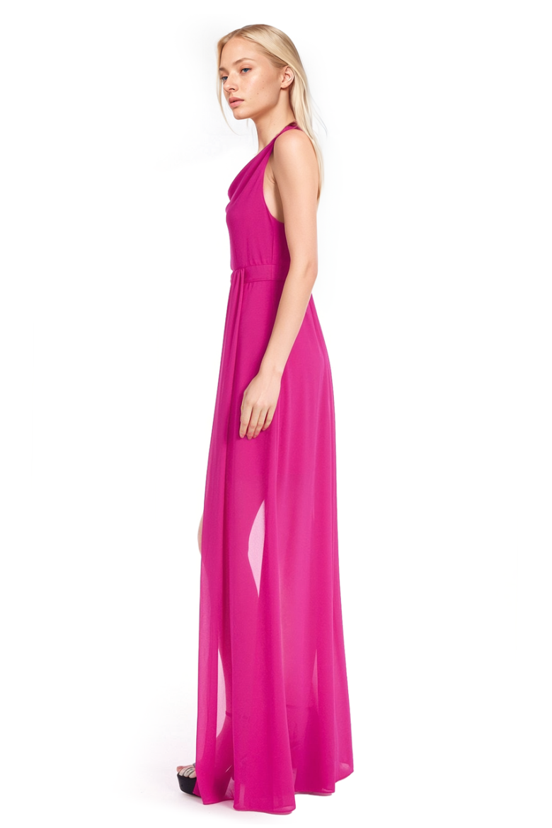 Badgley Mischka Sleeveless Cowl Neck Dress With High-Low Overlay Fuchsia | Women Best Sellers