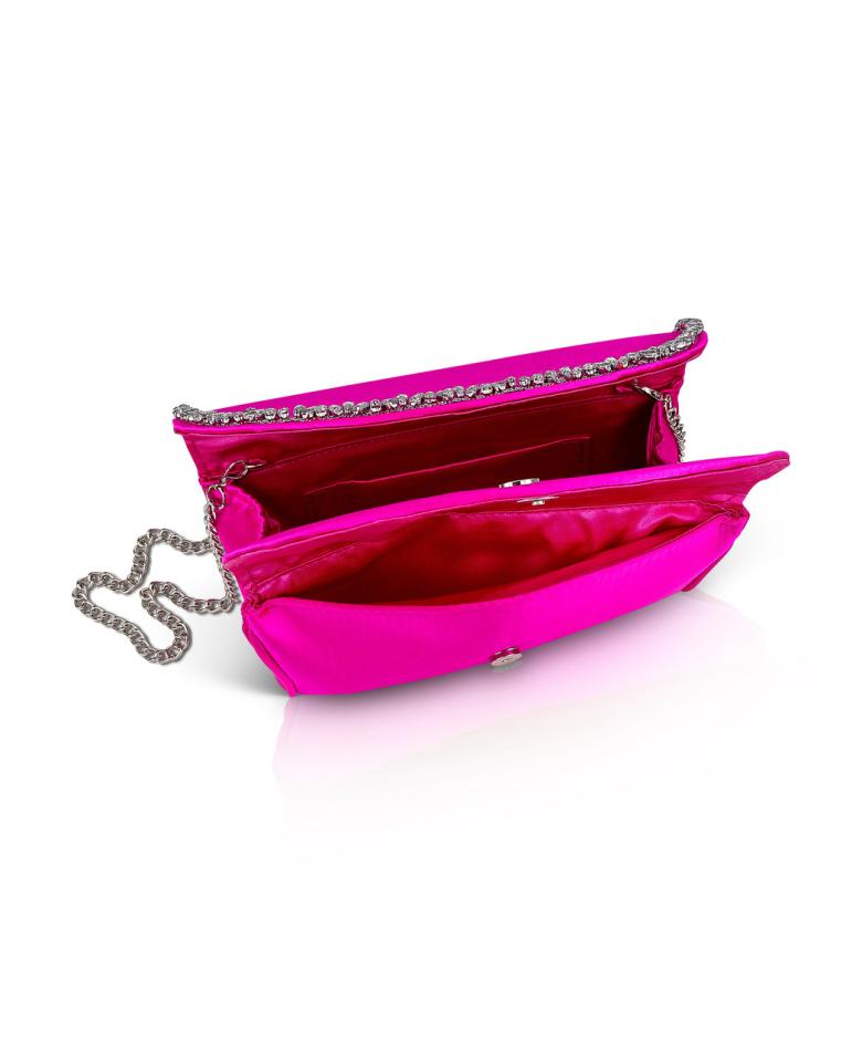 Badgley Mischka Talia Satin Double Flap Clutch With Crystal Trim Neon Pink | Women Evening Bags