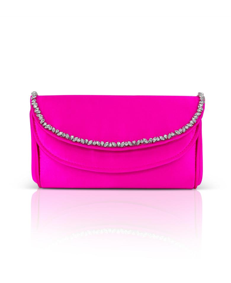 Badgley Mischka Talia Satin Double Flap Clutch With Crystal Trim Neon Pink | Women Evening Bags