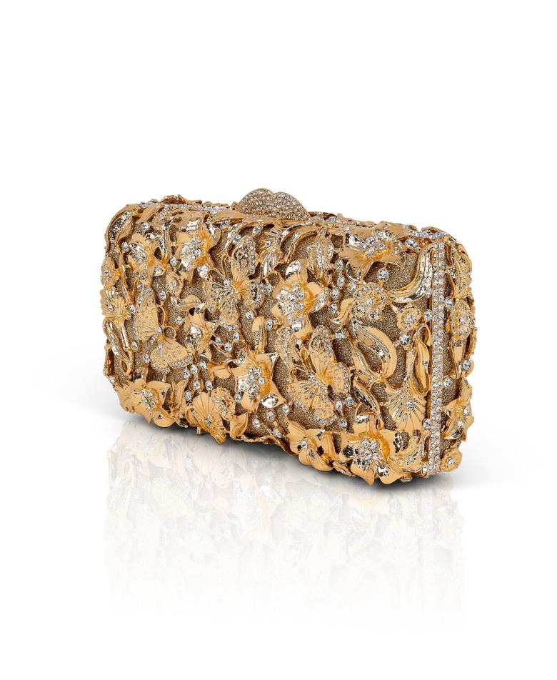 Badgley Mischka Whitley Gold Filigree Crystal Embellished Minaudiere Gold | Women Evening Bags