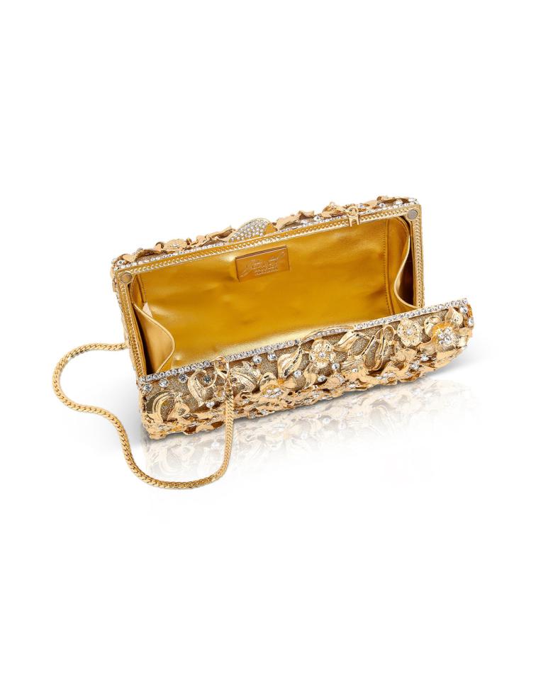 Badgley Mischka Whitley Gold Filigree Crystal Embellished Minaudiere Gold | Women Evening Bags