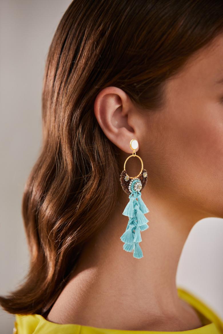 Badgley Mischka Wood Bead And Blue Raffia Tassel Earrings With Mixed Stone Accents | Women Fashion Jewelry