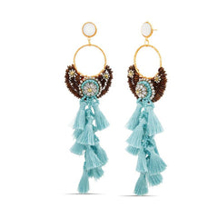 Badgley Mischka Wood Bead And Blue Raffia Tassel Earrings With Mixed Stone Accents | Women Fashion Jewelry