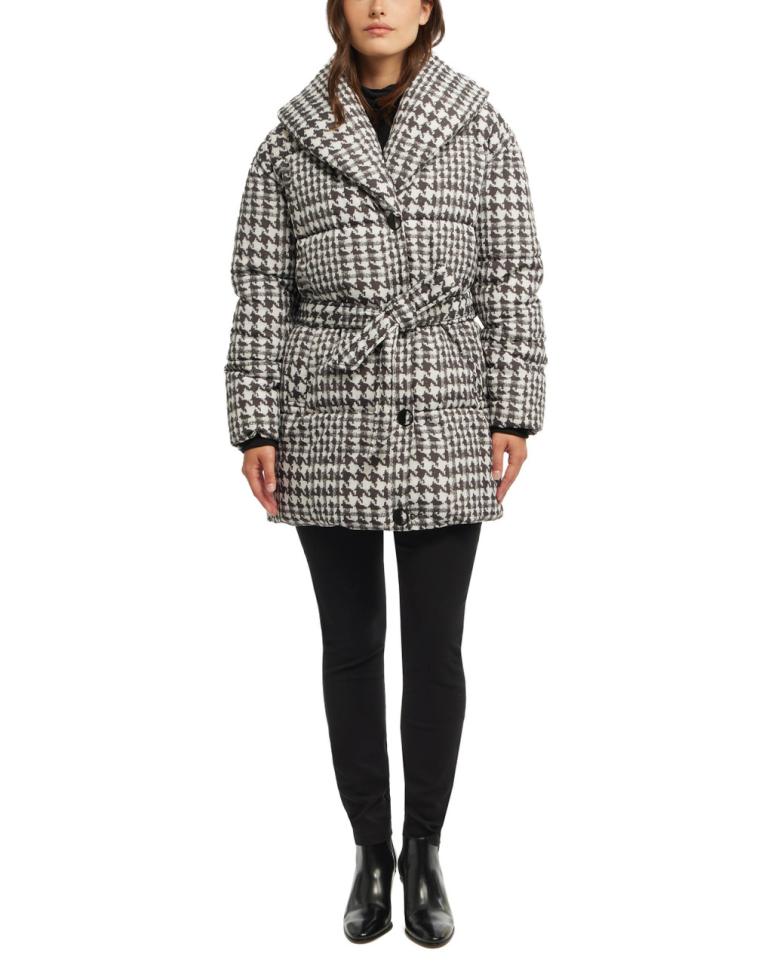 Badgley Mischka Yoko Shawl Collar Puffer Jacket Houndstooth | Women Outerwear